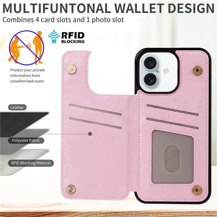 Per iPhone 16 Plus Card Slots Case Flower Leather+TPU Phone Cover RFID Blocking - Rose