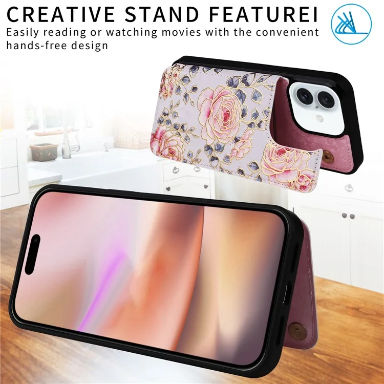 Per iPhone 16 Plus Card Slots Case Flower Leather+TPU Phone Cover RFID Blocking - Rose