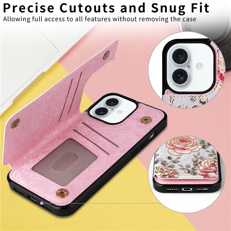 Per iPhone 16 Plus Card Slots Case Flower Leather+TPU Phone Cover RFID Blocking - Rose