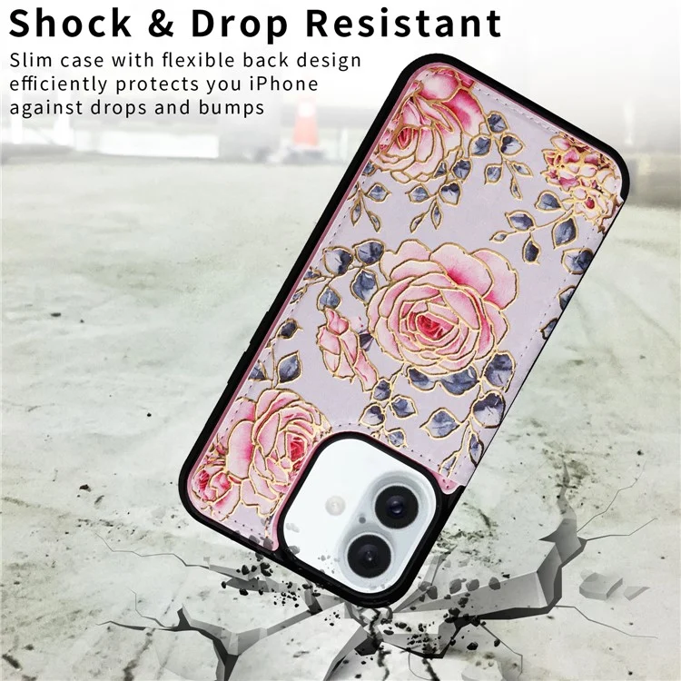 Per iPhone 16 Plus Card Slots Case Flower Leather+TPU Phone Cover RFID Blocking - Rose