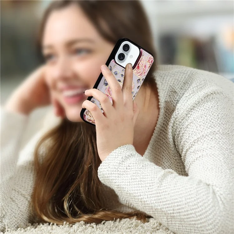 Per iPhone 16 Plus Card Slots Case Flower Leather+TPU Phone Cover RFID Blocking - Rose