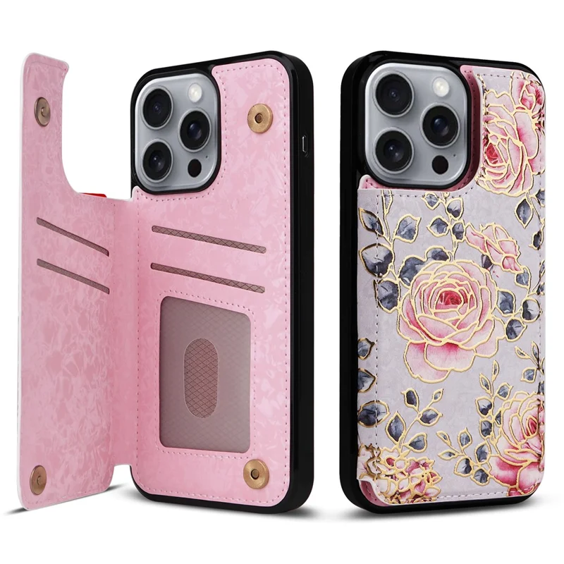 Für iPhone 16 Pro Max Hülle Blume Leder+TPU RFID-Blocker Handyhülle mit Kartenfächern - Rose