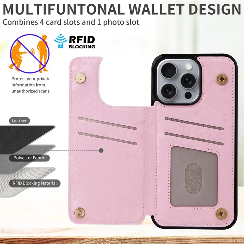 Für iPhone 16 Pro Max Hülle Blume Leder+TPU RFID-Blocker Handyhülle mit Kartenfächern - Rose