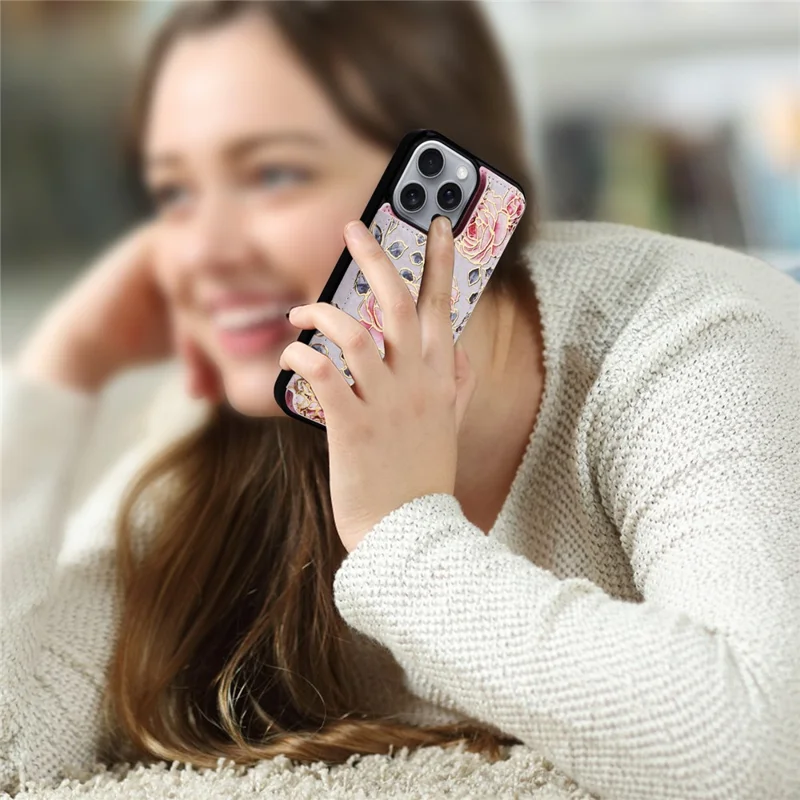 Für iPhone 16 Pro Max Hülle Blume Leder+TPU RFID-Blocker Handyhülle mit Kartenfächern - Rose