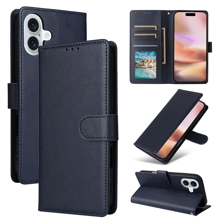 Für iPhone 16 Plus Wallet Case 3 Kartenfächer Slim-Fit PU-Leder Telefonhülle - Blau