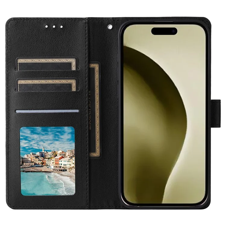 Für iPhone 16 Pro Wallet Case 3 Kartenschlitze Slim-Fit PU-Leder Stand-Handyhülle - Schwarz