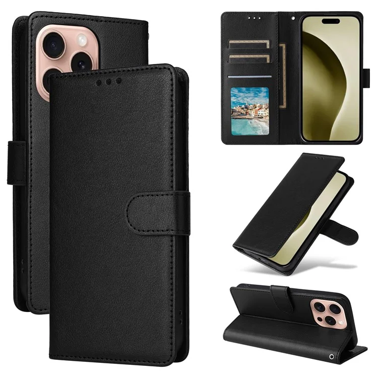 Für iPhone 16 Pro Wallet Case 3 Kartenschlitze Slim-Fit PU-Leder Stand-Handyhülle - Schwarz