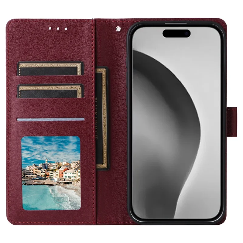For iPhone 16 Pro Max Wallet Case 3 Card Slots Slim-Fit PU Leather Stand Phone Cover - Wine Red