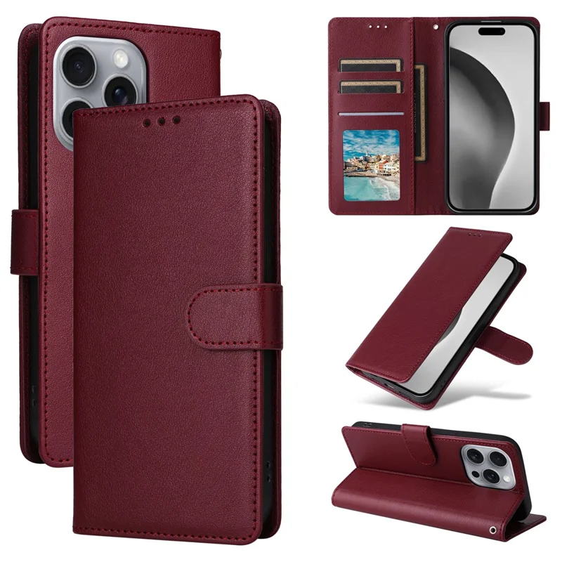 For iPhone 16 Pro Max Wallet Case 3 Card Slots Slim-Fit PU Leather Stand Phone Cover - Wine Red
