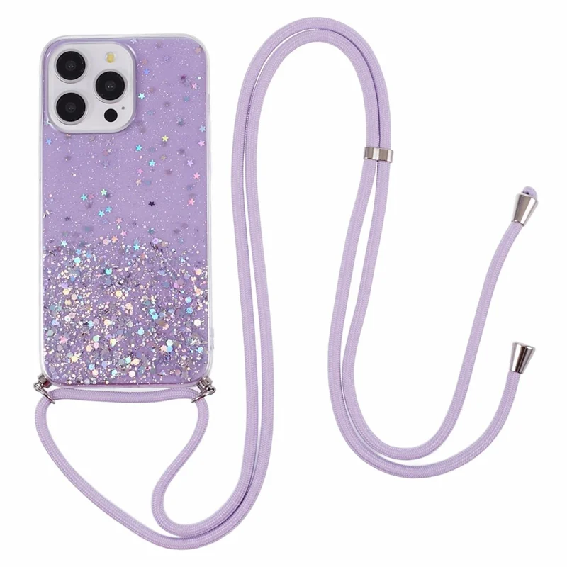 AW Series For iPhone 16 Pro Case Starry Epoxy TPU Shockproof Phone Cover with Lanyard - Purple