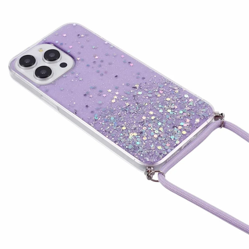 AW Series For iPhone 16 Pro Case Starry Epoxy TPU Shockproof Phone Cover with Lanyard - Purple