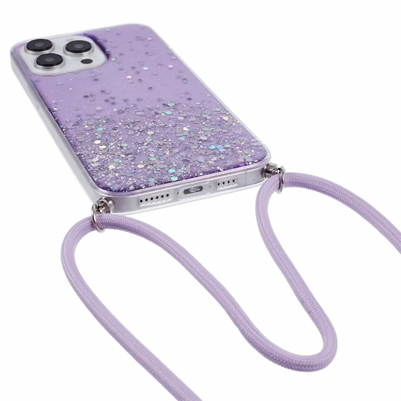 AW Series For iPhone 16 Pro Case Starry Epoxy TPU Shockproof Phone Cover with Lanyard - Purple