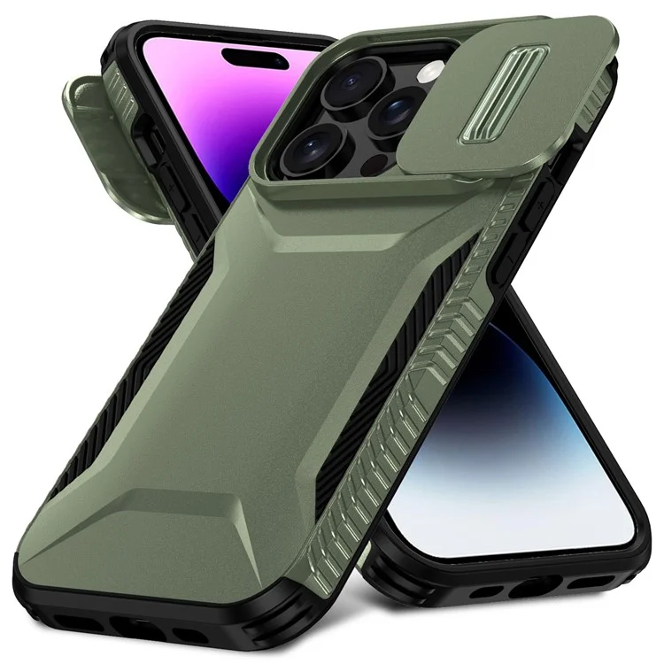 Capa para iPhone 14 Pro, Cobertura de Telefone TPU+PC com Proteção de Lente Deslizante - Verde