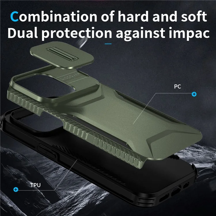 Capa para iPhone 14 Pro, Cobertura de Telefone TPU+PC com Proteção de Lente Deslizante - Verde