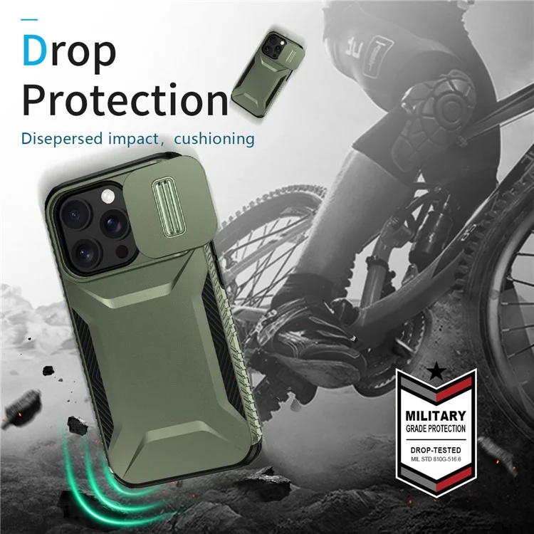 Capa para iPhone 14 Pro, Cobertura de Telefone TPU+PC com Proteção de Lente Deslizante - Verde