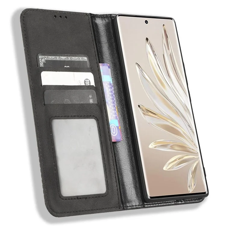 Pour Honor 70 5G Retro Texture Magnetic Absorption Case Imprinted Mosaic Wallet Stand Cell Phone Cover - Noir