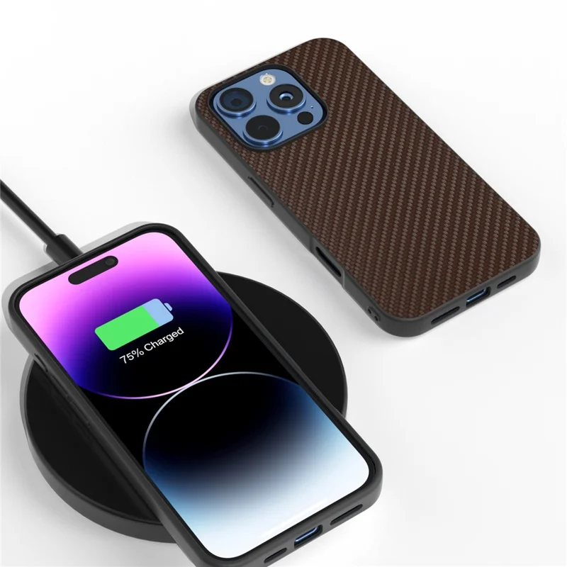 ABEEL Für iPhone 16 Pro Max Hülle Leder+PC+TPU Handyhülle Kohlefaser-Textur - Braun