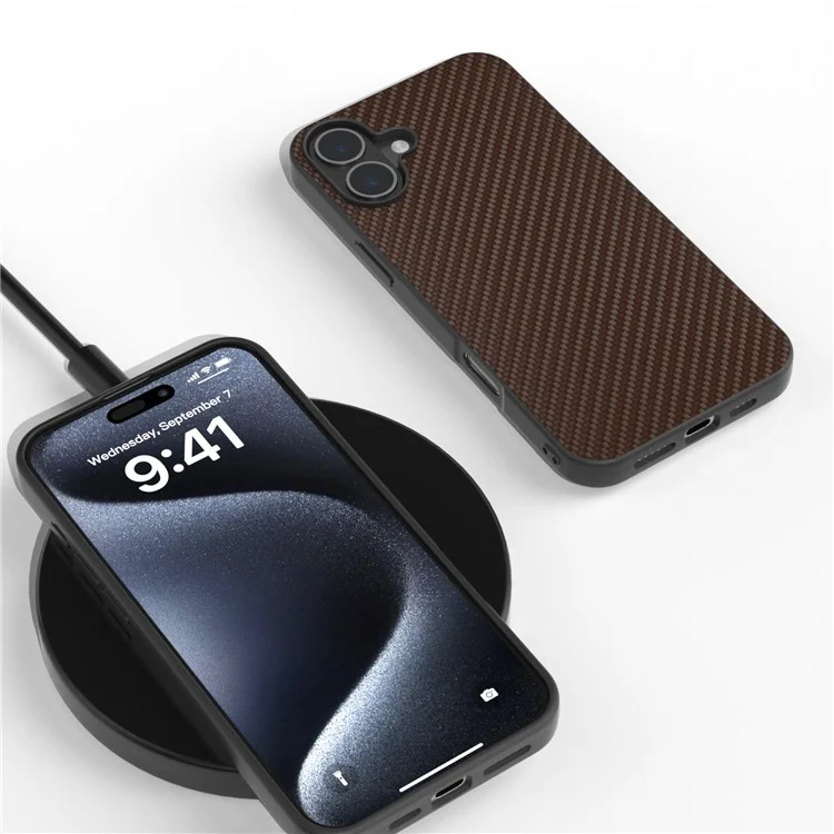 ABEEL Für iPhone 16 Case Carbon Fiber Textur PU Abgedeckt Telefon Schale - Braun