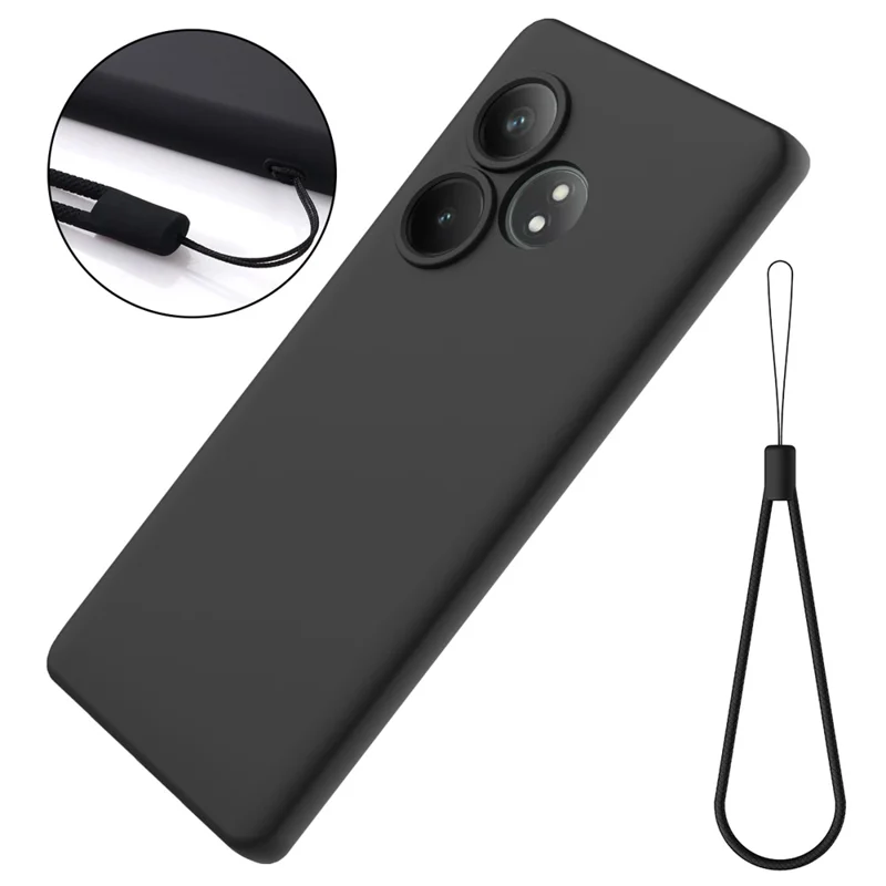 For Realme GT 6T 5G / GT 6 5G Case with Wrist Strap Liquid Silicone Phone Cover - Black
