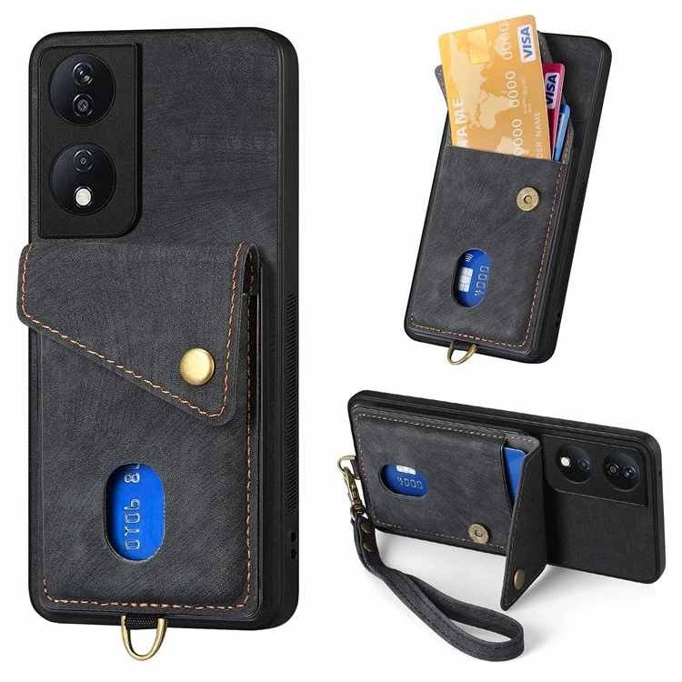 D1 For Honor X7b 4G / 90 Smart Case Custodia in pelle + TPU Retro Cover per telefono Portacarte - Nero
