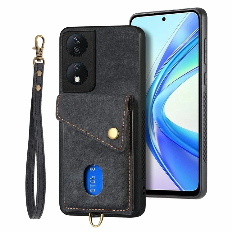 D1 For Honor X7b 4G / 90 Smart Case Custodia in pelle + TPU Retro Cover per telefono Portacarte - Nero