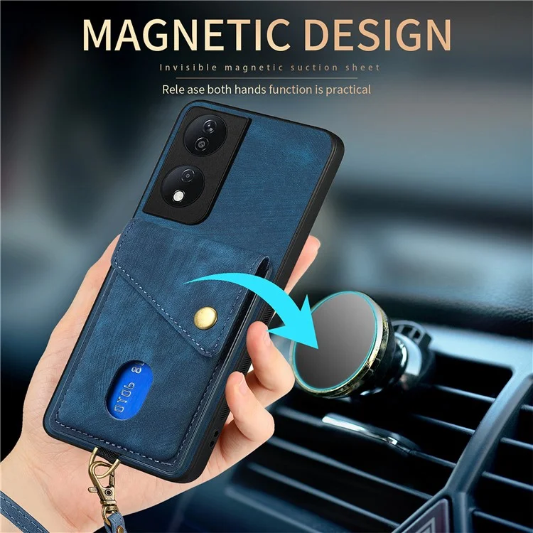 D1 For Honor X7b 4G / 90 Smart Case Custodia in pelle + TPU Retro Cover per telefono Portacarte - Nero