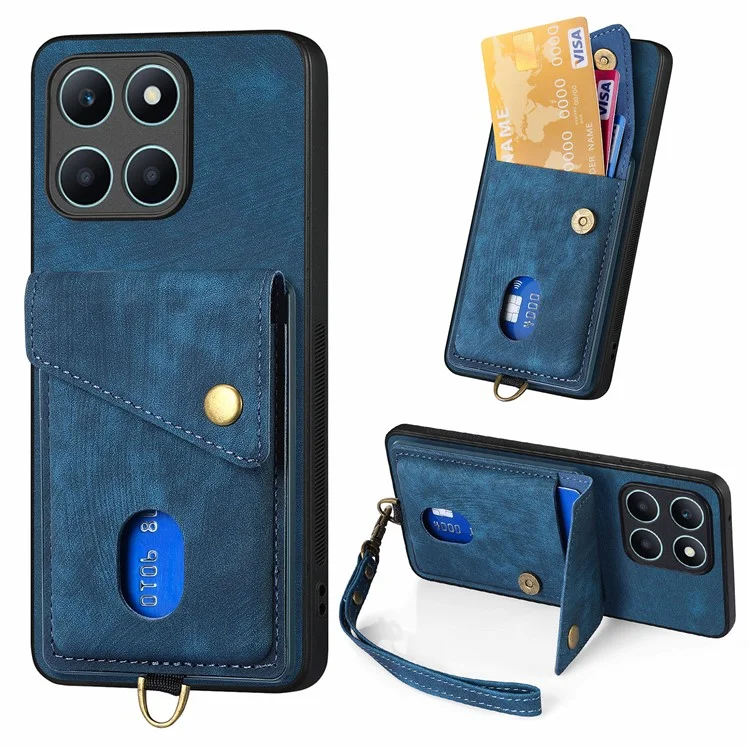 D1 For Honor X6a 4G Retro Case Card Slot Kickstand Leather + TPU Phone Cover - Blue