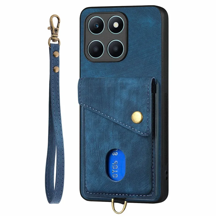 D1 For Honor X6a 4G Retro Case Card Slot Kickstand Leather + TPU Phone Cover - Blue