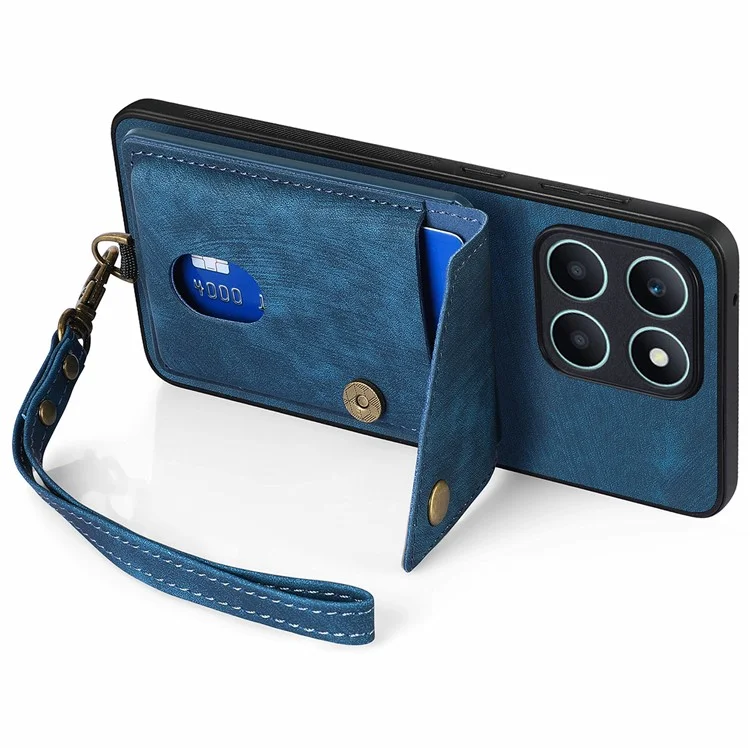 D1 For Honor X6a 4G Retro Case Card Slot Kickstand Leather + TPU Phone Cover - Blue