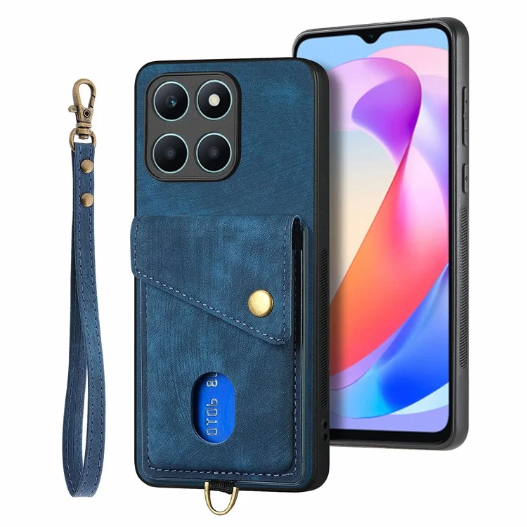 D1 For Honor X6a 4G Retro Case Card Slot Kickstand Leather + TPU Phone Cover - Blue