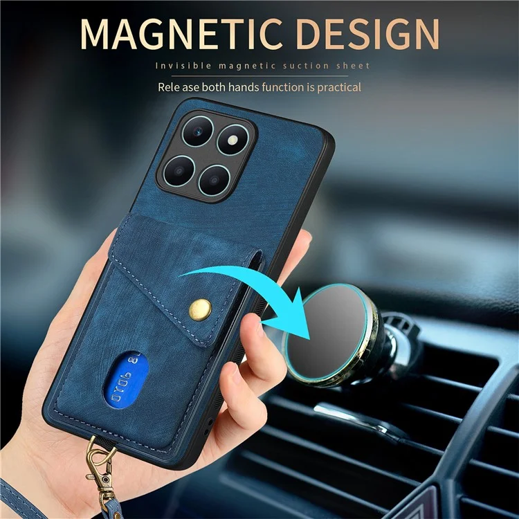 D1 For Honor X6a 4G Retro Case Card Slot Kickstand Leather + TPU Phone Cover - Blue