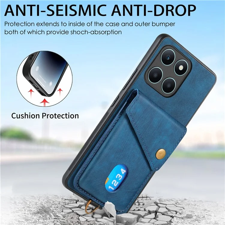 D1 For Honor X6a 4G Retro Case Card Slot Kickstand Leather + TPU Phone Cover - Blue