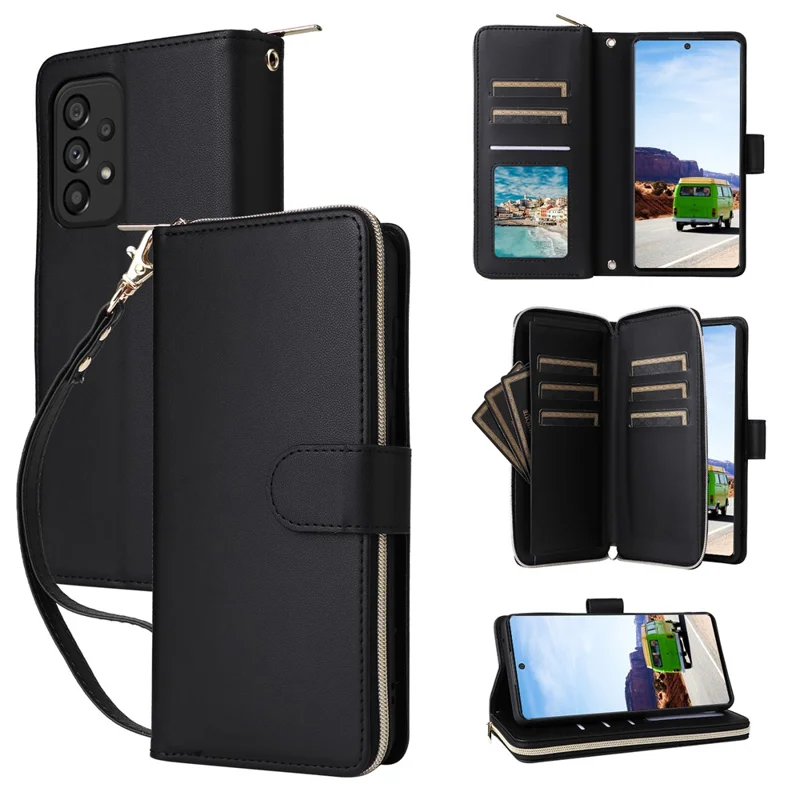 R20 For Samsung Galaxy A53 5G Case Zipper Leather Phone Cover with 9 Card Slots - Black