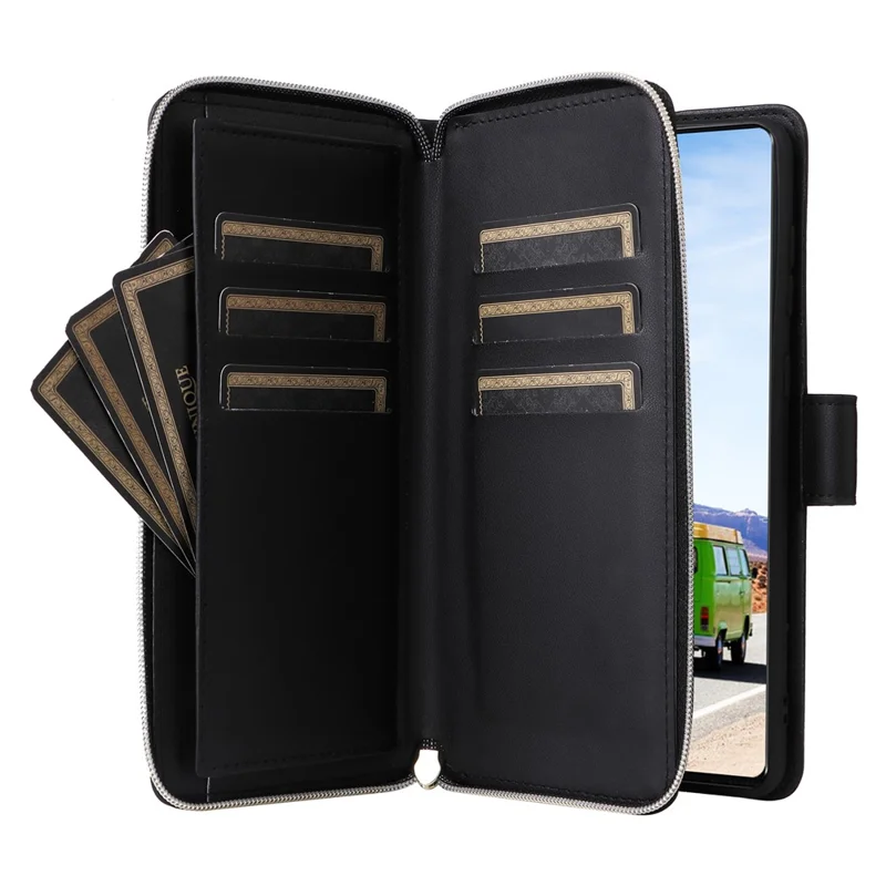 R20 For Samsung Galaxy A53 5G Case Zipper Leather Phone Cover with 9 Card Slots - Black