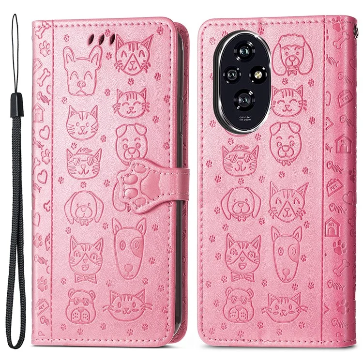 For Honor 200 5G Funda Tipo Cartera con Soporte de Cuero - Patrón Lindo de Gatos y Perros - Rosa
