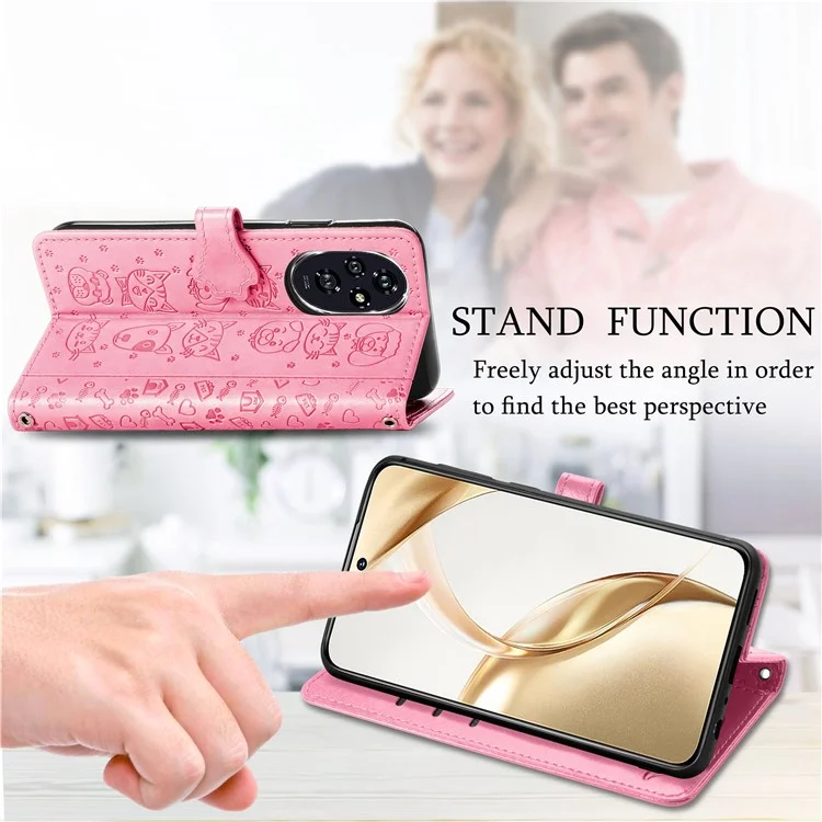 For Honor 200 5G Funda Tipo Cartera con Soporte de Cuero - Patrón Lindo de Gatos y Perros - Rosa