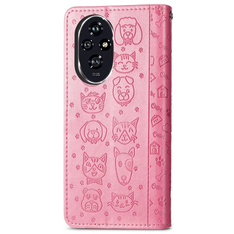 For Honor 200 5G Funda Tipo Cartera con Soporte de Cuero - Patrón Lindo de Gatos y Perros - Rosa