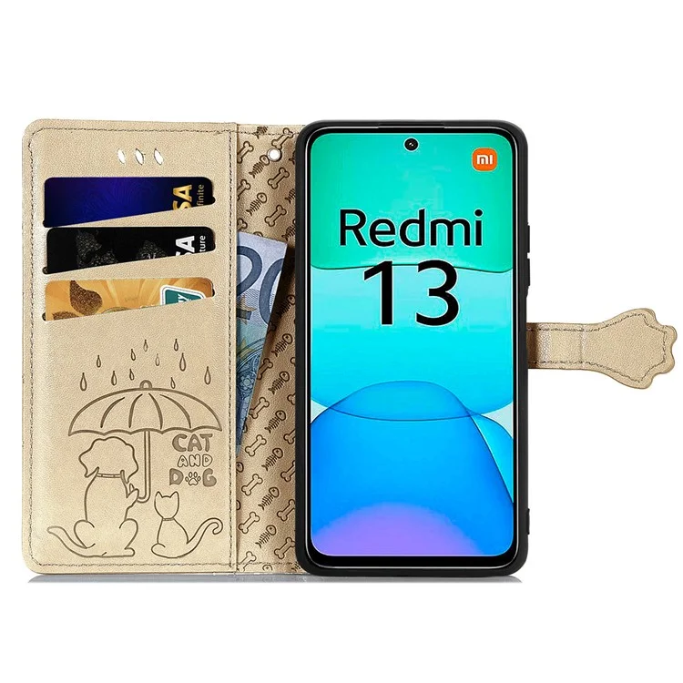 Для Xiaomi Redmi 13 5G / 13 4G Чехол кот собака отпечаток кожаный флип-кейс для телефона - Золотой