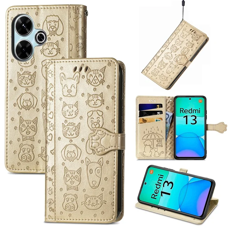 Для Xiaomi Redmi 13 5G / 13 4G Чехол кот собака отпечаток кожаный флип-кейс для телефона - Золотой