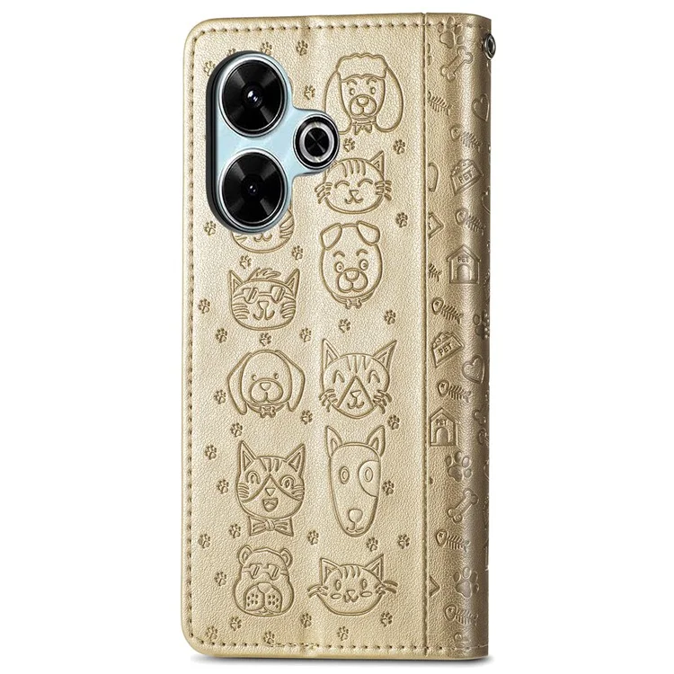 Для Xiaomi Redmi 13 5G / 13 4G Чехол кот собака отпечаток кожаный флип-кейс для телефона - Золотой