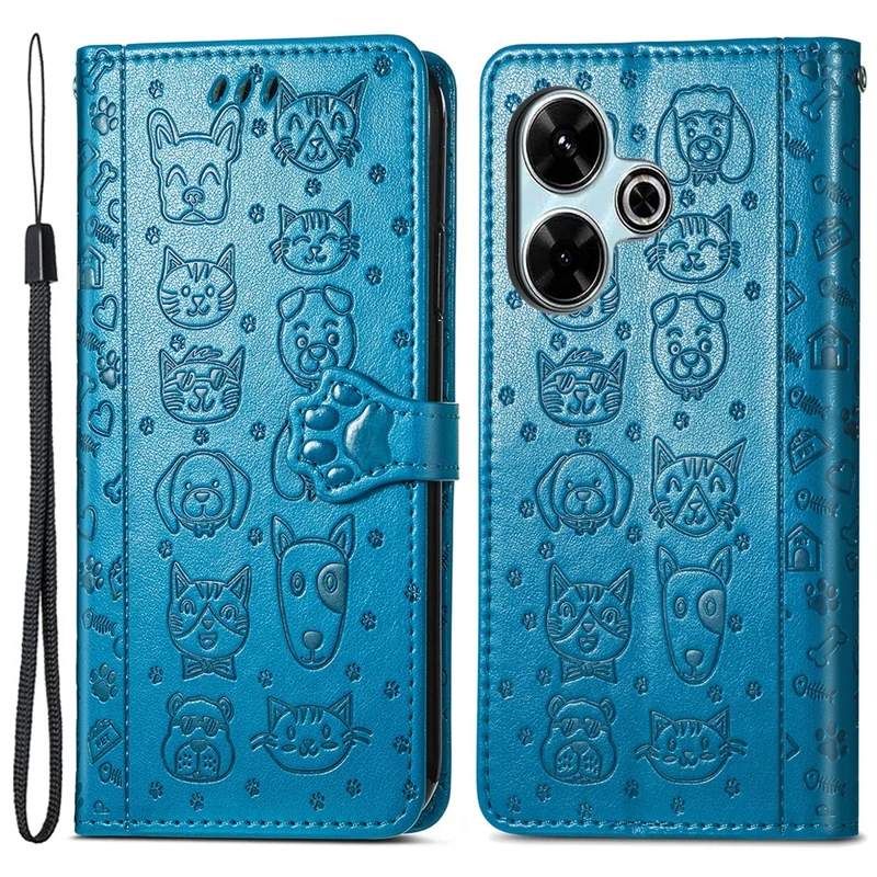 For Xiaomi Redmi 13 5G / 13 4G Case Cat Dog Imprint Leather Flip Phone Cover - Blue