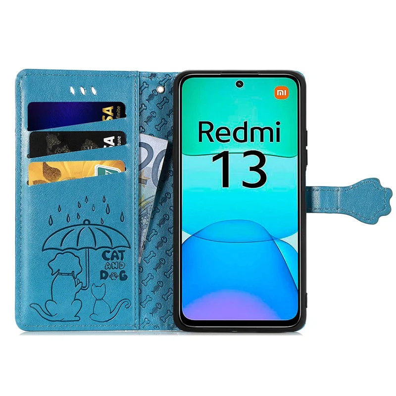 For Xiaomi Redmi 13 5G / 13 4G Case Cat Dog Imprint Leather Flip Phone Cover - Blue