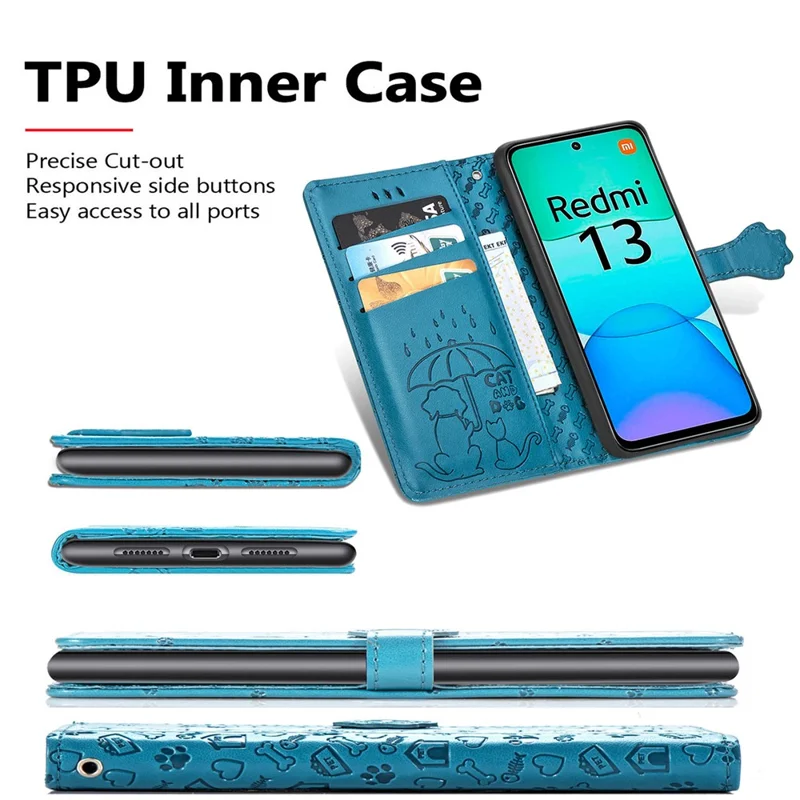 For Xiaomi Redmi 13 5G / 13 4G Case Cat Dog Imprint Leather Flip Phone Cover - Blue