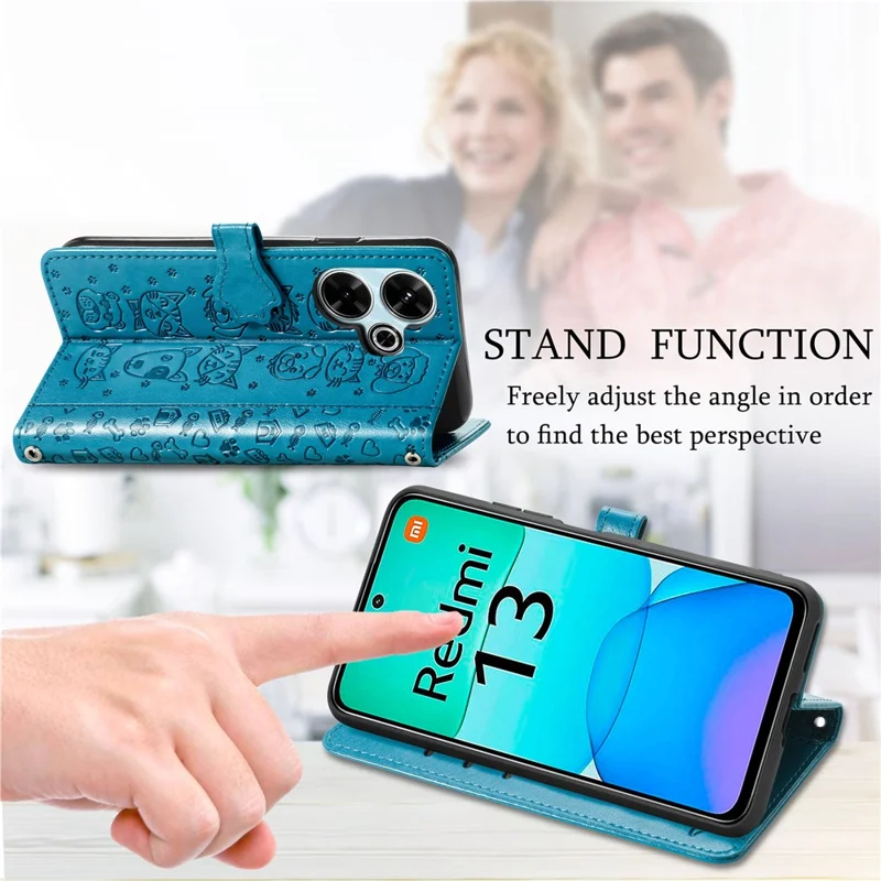 For Xiaomi Redmi 13 5G / 13 4G Case Cat Dog Imprint Leather Flip Phone Cover - Blue