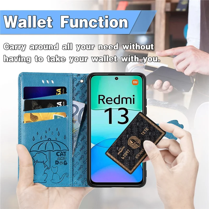 For Xiaomi Redmi 13 5G / 13 4G Case Cat Dog Imprint Leather Flip Phone Cover - Blue