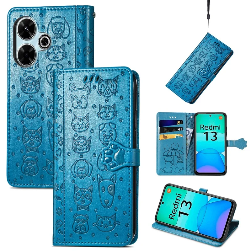 For Xiaomi Redmi 13 5G / 13 4G Case Cat Dog Imprint Leather Flip Phone Cover - Blue