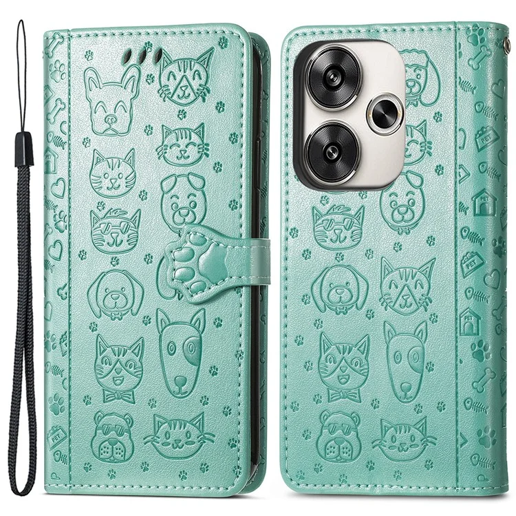 For Xiaomi Redmi Turbo 3 5G / Poco F6 5G Case Leather Phone Cover Cat Dog Imprint - Green