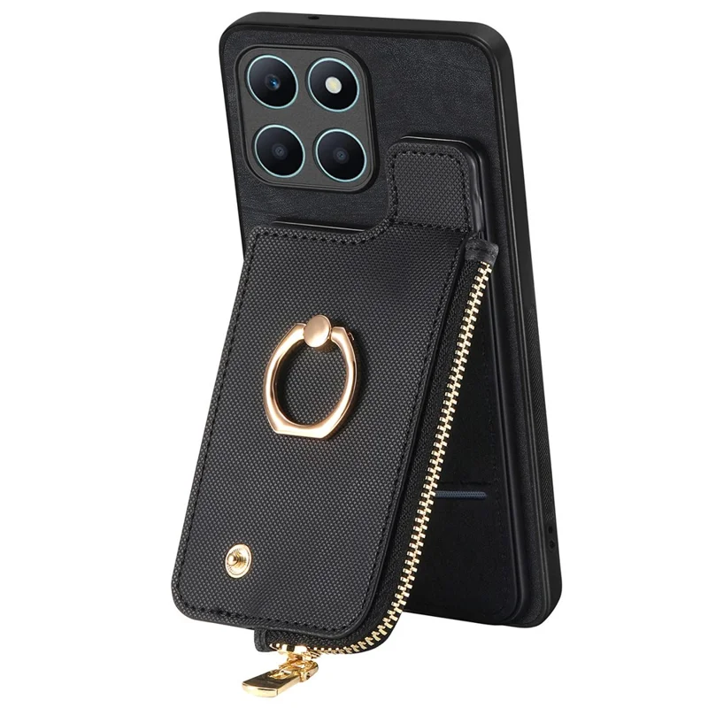 Para Honor X6a 4g Case Zipper Pocket Kickstand Leather Teleping Back Cover - Preto