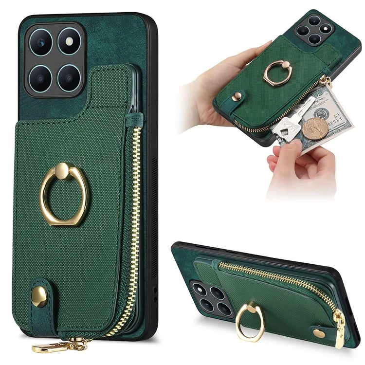 For Honor X6a 4G Case Zipper Pocket Kickstand Leather Phone Back Cover - Green