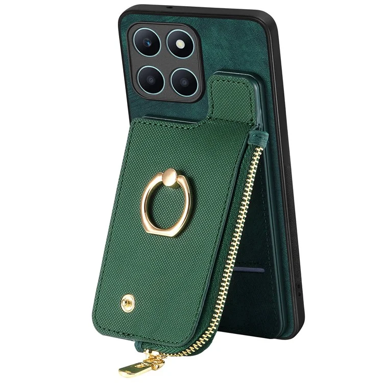 For Honor X6a 4G Case Zipper Pocket Kickstand Leather Phone Back Cover - Green